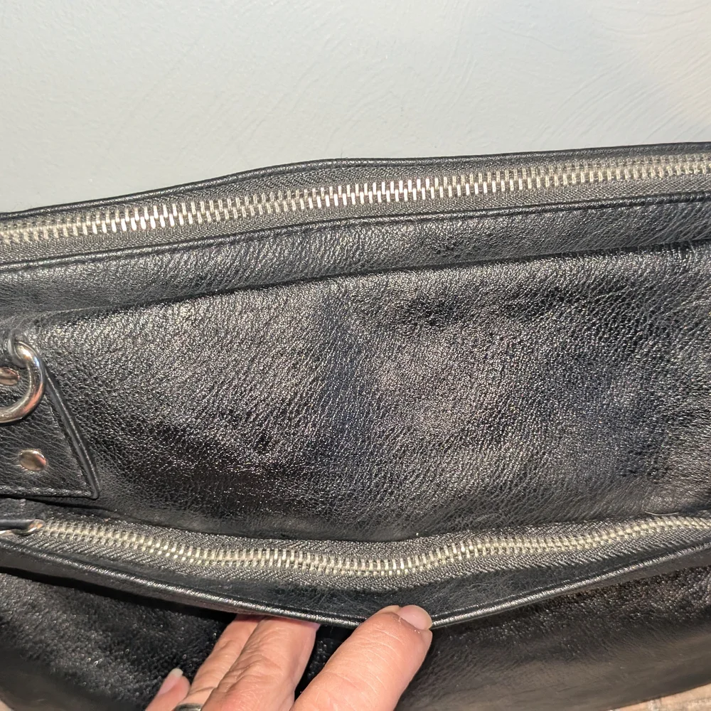 Miche Crossbody Black Laptop Bag Purse with Purple Satin Lining Zipper Detail